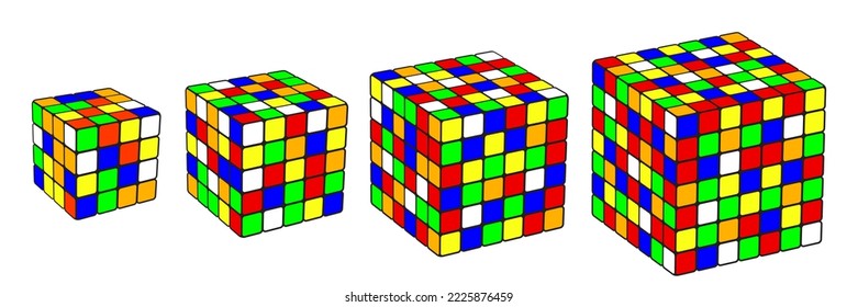 Set of digital cubes in perspective. Cube 4x4, 5x5, 6x6, 7x7. Graphic object from smaller isometric cubes. Random color. 3d vector illustration. Geometric figure icon. 