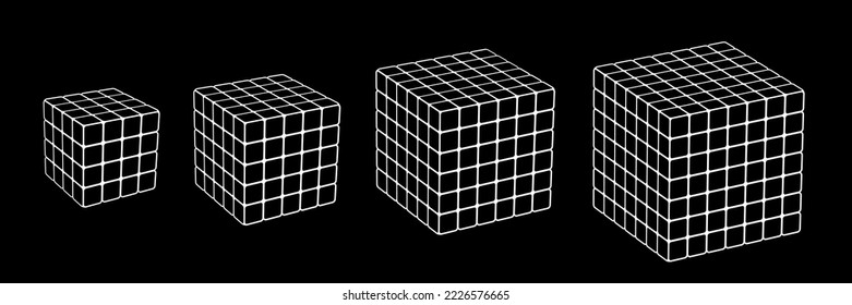 Set of digital cubes in perspective. Cube 4x4, 5x5, 6x6, 7x7 on black background. Graphic object from smaller isometric cubes. 3d vector illustration. Geometric figure icon.