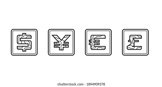Set of Digital currency icons USA dollar, Yuan, Euro and pound sterling on isolated white background. Futuristic sign of digital currency. Vector illustration