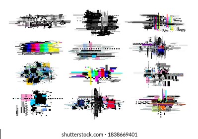 Set of digital decay elements. Geometric glitch, colored abstract art tv noise effect. Retro pixel texture, broken distorted video elements. Vector illustration. Isolated on white background.