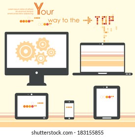 Set of digital devices. Computer monitor, netbook, notebook,  laptop, tablets, smartphone. Vector icons.