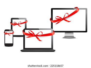 Set von digitalen Geräten mit Geschenkbändern und Bogen. Vektorgrafik 
