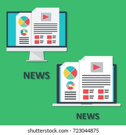 Set of digital devices icons, laptop and computer, online news in flat style. Vector icon design