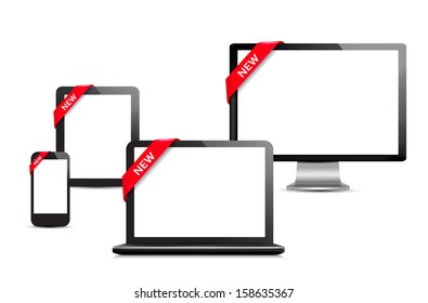 Set of digital devices with ribbons and a sale signs. Vector. 