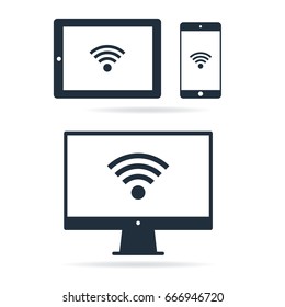 Set of digital devices with wifi internet connection symbol. Vector flat style