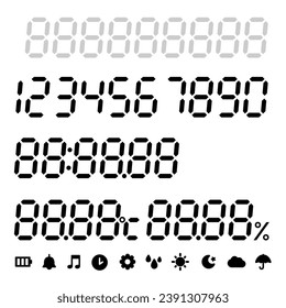 Set of digital display numbers and icons (time, temperature, humidity)