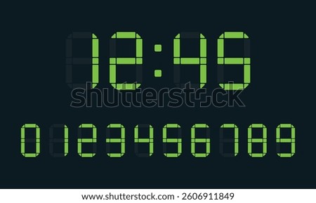 Set of digital display numbers. LED display figures set. Digital display number set for sign, alarm, calculator, clock, light, electronic, computer, watch, time. Vector illustration of LED digits.
