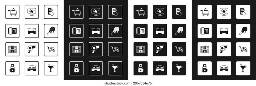 Set Digital door lock, Bedroom, Telephone handset, Covered with tray of food, Tennis racket ball, Stars rating, Trolley suitcase and Hotel building icon. Vector