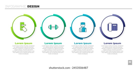 Set Digital door lock, Dumbbell, Concierge and Telephone handset. Business infographic template. Vector