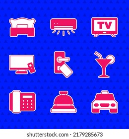 Set Digital Door Lock, Hotel Service Bell, Taxi Car, Cocktail, Telephone Handset, Smart Tv,  And Bedroom Icon. Vector