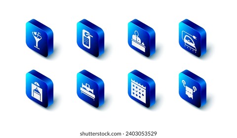 Set Digital door lock, Hotel reception desk, Electric iron, Toilet paper roll, booking calendar, Bedroom, Lift and Martini glass icon. Vector