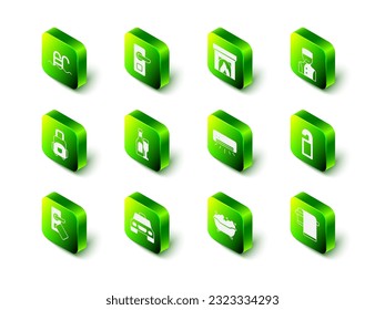 Set Digital door lock, Interior fireplace, Concierge, Please not disturb, Towel hanger, Air conditioner, Bathtub and Taxi car icon. Vector