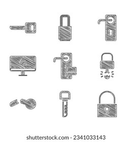 Set Digital door lock, Key, Lock, broke inside of padlock, Broken key, on computer monitor, Door handle and  icon. Vector