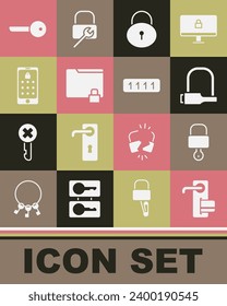 Set Digital door lock, Lock and key, Bicycle, Folder, Mobile graphic password, Key and Password protection icon. Vector