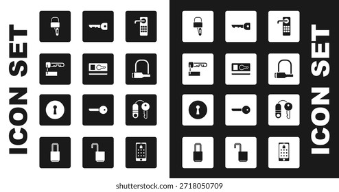 Set Digitales Türschloss, Schlüsselkarte, Markierter Schlüssel, Schlossauswahlen für die Kommissionierung, Fahrrad, Haus mit und Schlüsselloch-Symbol. Vektorgrafik