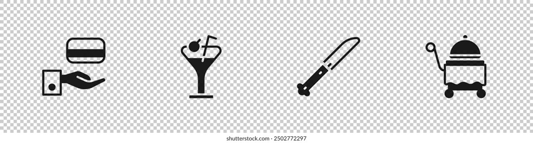 Set Digital door lock, Martini glass, Knife and Covered with tray icon. Vector