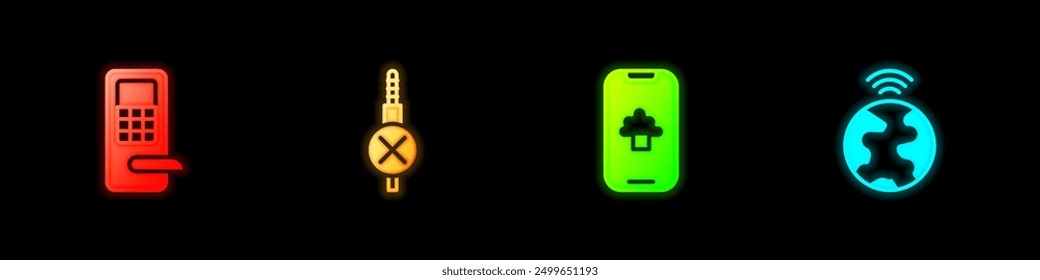 Establecer cerradura de puerta digital, sin conector de audio, datos de tecnología en la nube e icono global. Vector