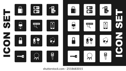 Cerradura de puerta digital, protección de la Contraseña, llave rota dentro del candado, combinación segura, Contraseña móvil y gráfica, llaves de fundición, roto agrietado e ícono de bloqueo. Vector