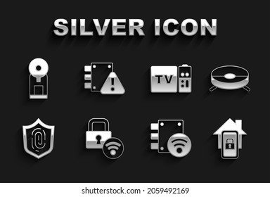 Set Digital Türschloss, Roboter Staubsauger, Mobile mit Smart Home, Fingerprint, Multimedia und TV Box Empfänger, Smart Kaffeemaschine und Haus unter Schutz Icon. Vektorgrafik