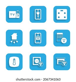 Fijar cerradura digital de puertas, toma eléctrica inteligente, garaje, humidificador de aire, termostato, hogar, báscula de baño e icono del receptor de cajas de televisión y multimedia. Vector