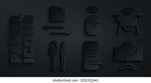 Set Digital door lock, Smart drone system, USB cable cord, Tv, Wireless computer mouse and Transfer files icon. Vector