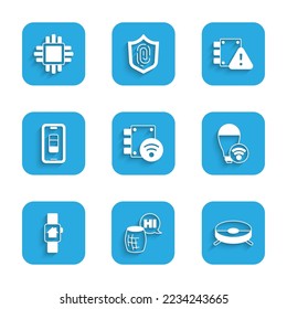Set Digital door lock, Voice assistant, Robot vacuum cleaner, Smart light bulb, home with smart watch, Smartphone battery charge, House under protection and Processor CPU icon. Vector