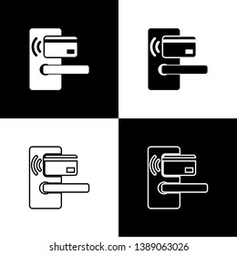 Set Digital door lock with wireless technology for unlock icons isolated on black and white background. Door handle sign. Security smart home of concept. Vector Illustration