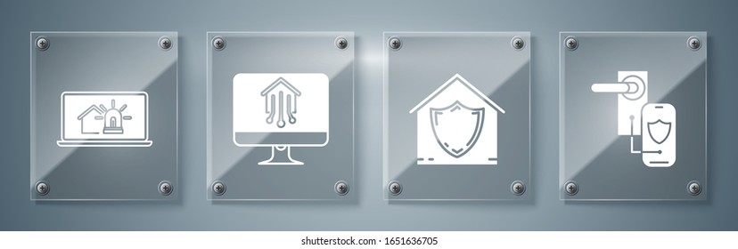 Establezca el cierre digital de puertas con tecnología inalámbrica para cerraduras, House bajo protección, Computer Monitor con hogar inteligente y portátil con cámara inteligente y alarma. Paneles de vidrio cuadrado. Vector
