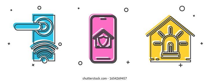 Set Digital door lock with wireless technology for unlock, Mobile phone with house under protection and Smart house and alarm icon. Vector