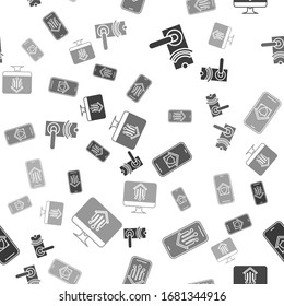 Set Digital door lock with wireless technology for unlock, Mobile phone with smart home, Mobile phone with house under protection and Computer monitor with smart home on seamless pattern. Vector