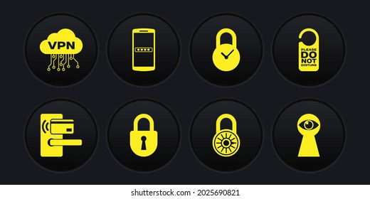 Set Digital door lock with wireless, Please not disturb, Lock, Safe combination wheel, Padlock clock and Mobile and password icon. Vector