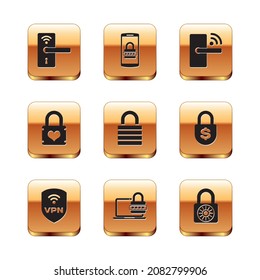 Set Digital door lock with wireless, Shield VPN, Laptop password, Lock, Padlock heart and  icon. Vector
