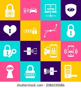 Digitale Türverriegelung mit drahtlosem, Smart Car-Alarmsystem, Sperren, VPN-Computernetzwerk, Passwortschutz und Herzlocher-Symbol. Vektorgrafik