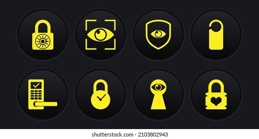 Set Digital door lock with wireless, Please not disturb, Padlock clock, Keyhole eye, Shield and and Eye scan icon. Vector