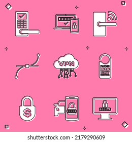 Set Digital door lock with wireless, Two steps authentication, , Bezier curve, Cloud VPN interface and Please not disturb icon. Vector