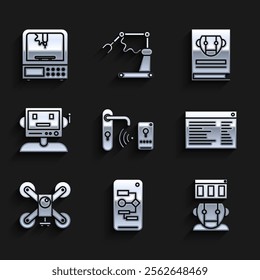 Set Digital door lock with wireless technology for unlock, Algorithm, Robot, Software, web developer programming code, Drone flying action camera, User manual and 3D printer icon. Vector