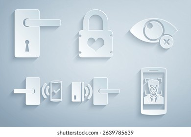 Set Digital door lock with wireless, Invisible hide, , Mobile and face recognition, Padlock heart and Door handle icon. Vector