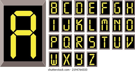 Set von digitalen elektronischen Buchstaben Schriftart. LCD-LED-Alphabet-Set für Zähler, Uhr, Rechnerlayout in flachem Design für Website, App, Benutzeroberfläche, einzeln auf weißem Hintergrund. 
