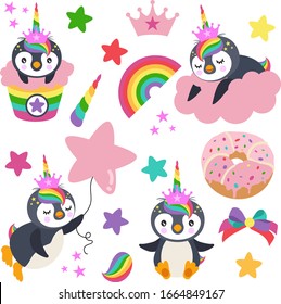 Set digital elements collection of cute unicorn penguin
