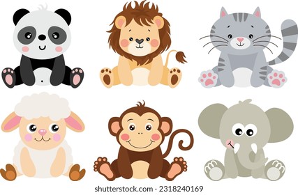 Set of digital elements with cute animals
