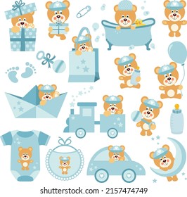 Set of digital elements with cute baby boy teddy bear
