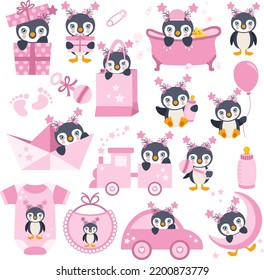 Set of digital elements with cute baby girl penguin
