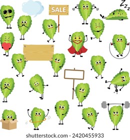 Set of digital elements with funny fresh green lettuce mascot