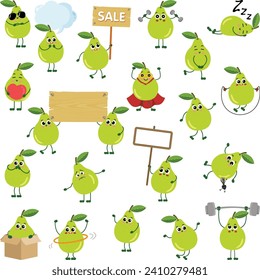 Set of digital elements with funny green pear mascot