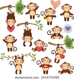 Set of digital elements with lovely monkey
