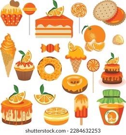 Set of digital elements with orange fruit candies
