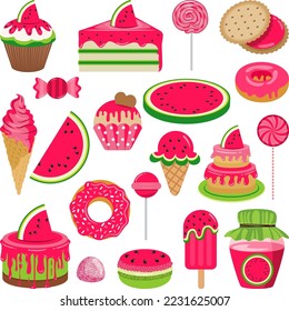 Set of digital elements with watermelon candies
