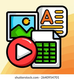 Set of digital file icons including image, text, spreadsheet and video types, flat design with vivid colors, ideal for user interface or education material.