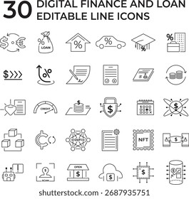 Set of digital finance and loan editable line icons showing money, credit, investment, mortgage, fintech, and online transaction concepts, ideal for business, financial, and economic design projects.