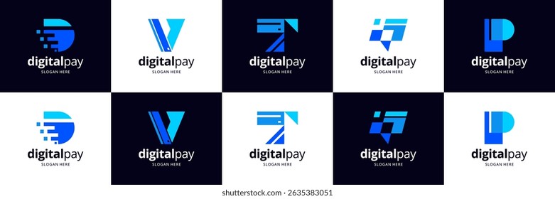 Conjunto de logotipos financeiros digitais. Abstrato conceito de carta utilizável para negócios, pagamento e tecnologia.